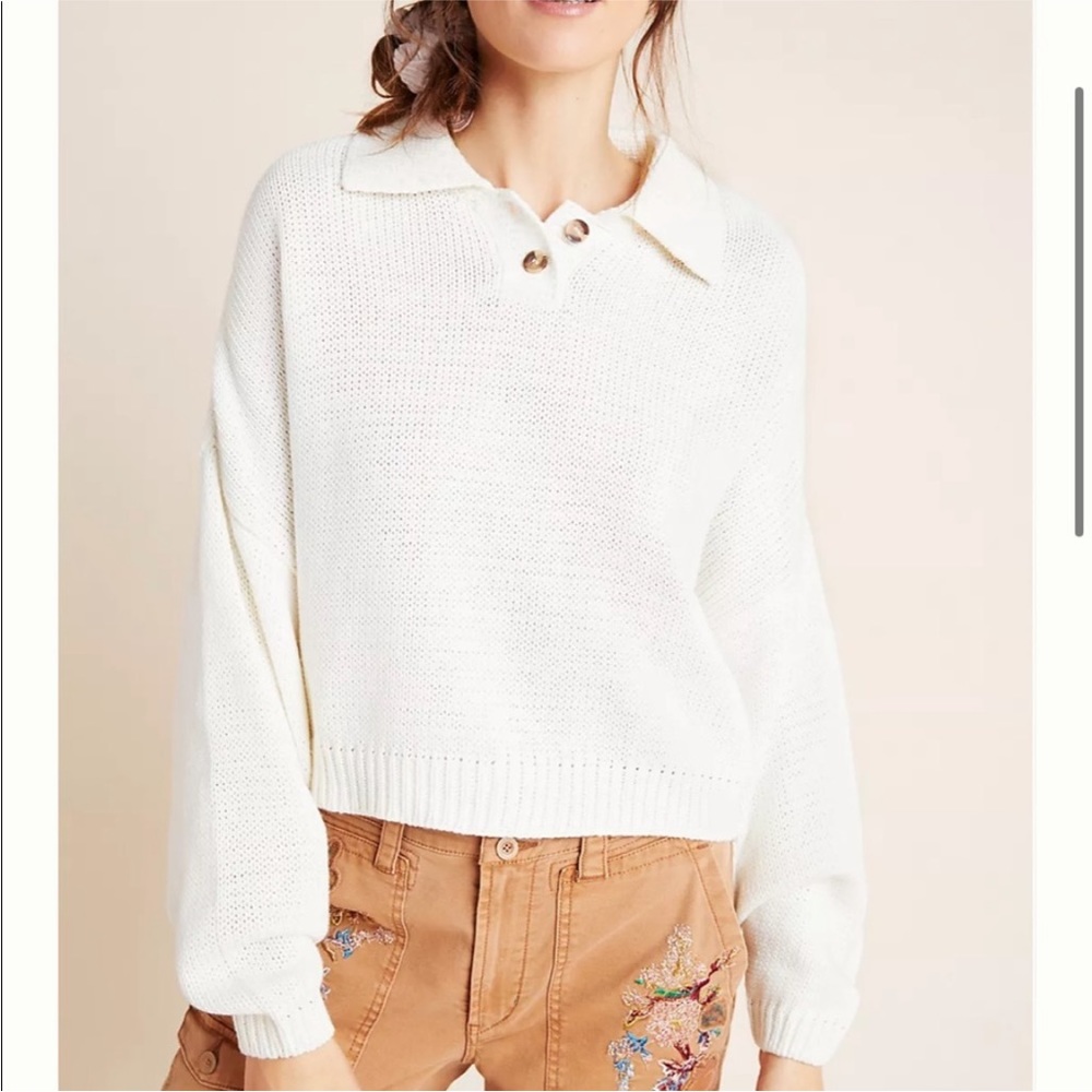 Anthropologie Cropped Knot Cream Collared Sweater with buttons